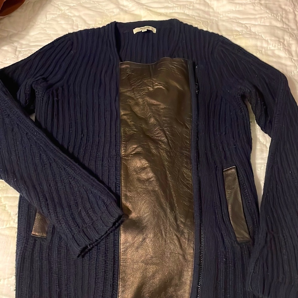 Merino wool sweater with leather trim